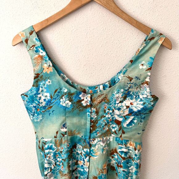 Vintage 60s Paradise Hawaii Maxi Dress Honolulu Blue Green Floral // Size Small - Picture 3 of 4